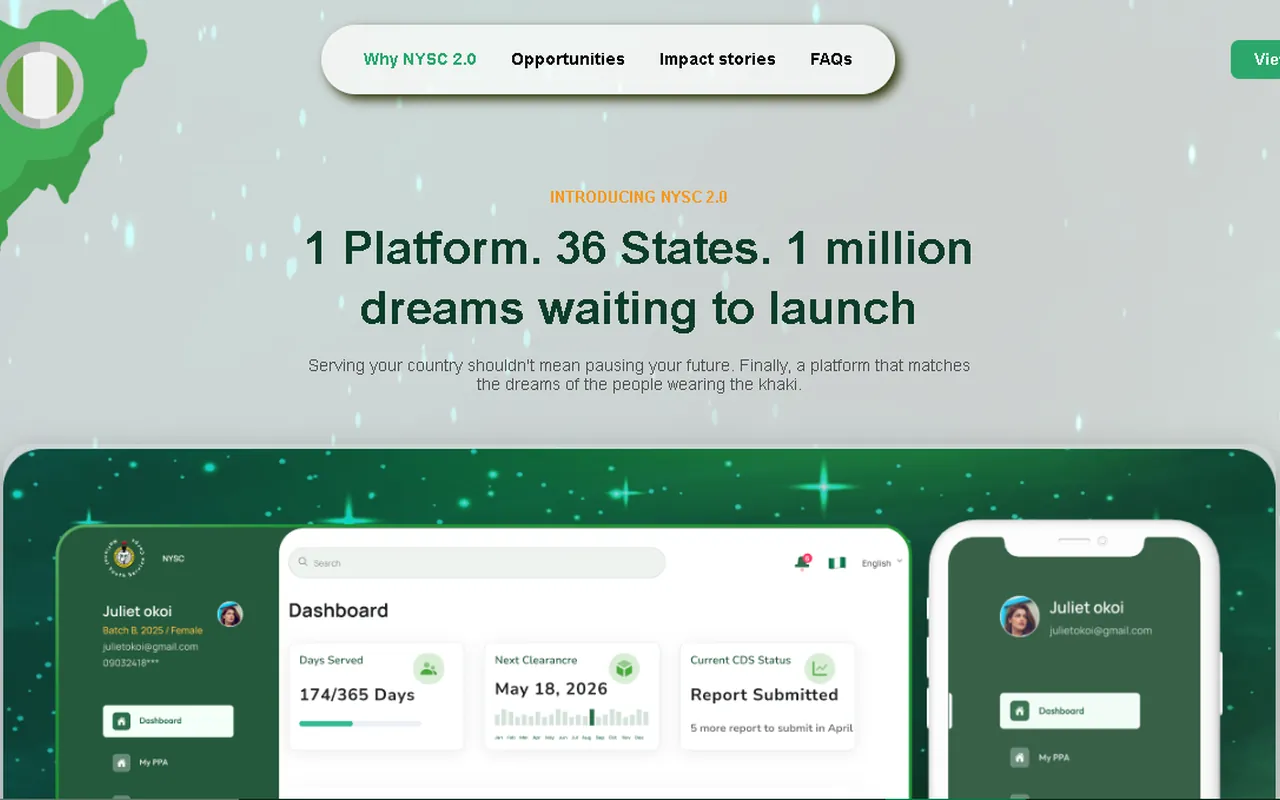 NYSC 2.0 landing page with a corps member dashboard on desktop and mobile