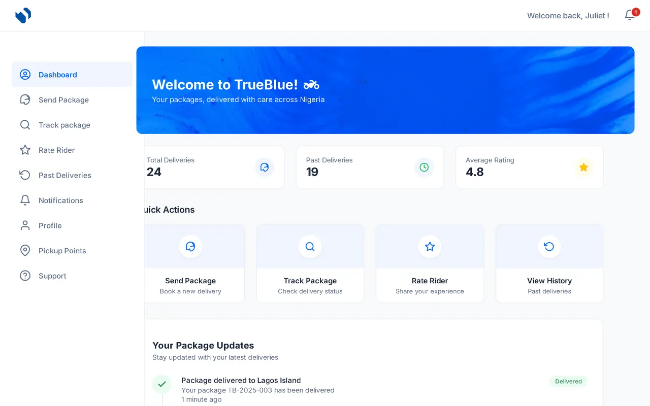 True Blue customer dashboard showing deliveries, ratings and package updates